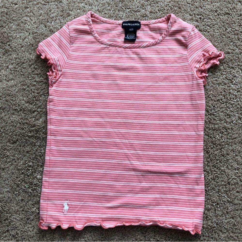 Ralph Lauren‎ T-Shirt Girls Small Pink Stripe Lettuce Edge Cotton